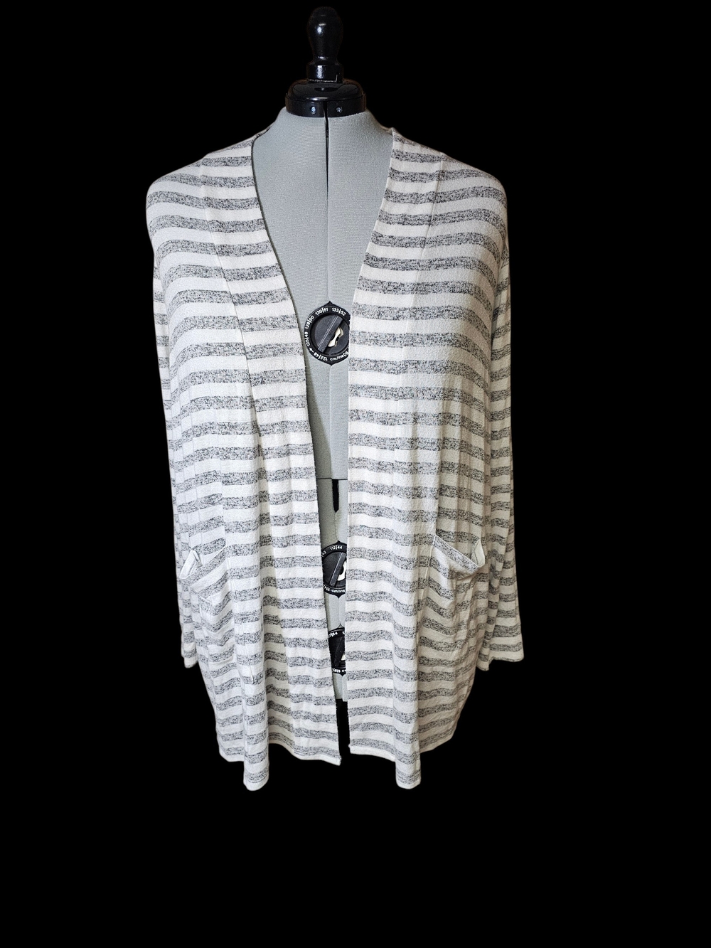 Lane Bryant Cream and Gray Striped Open-Front Cardigan